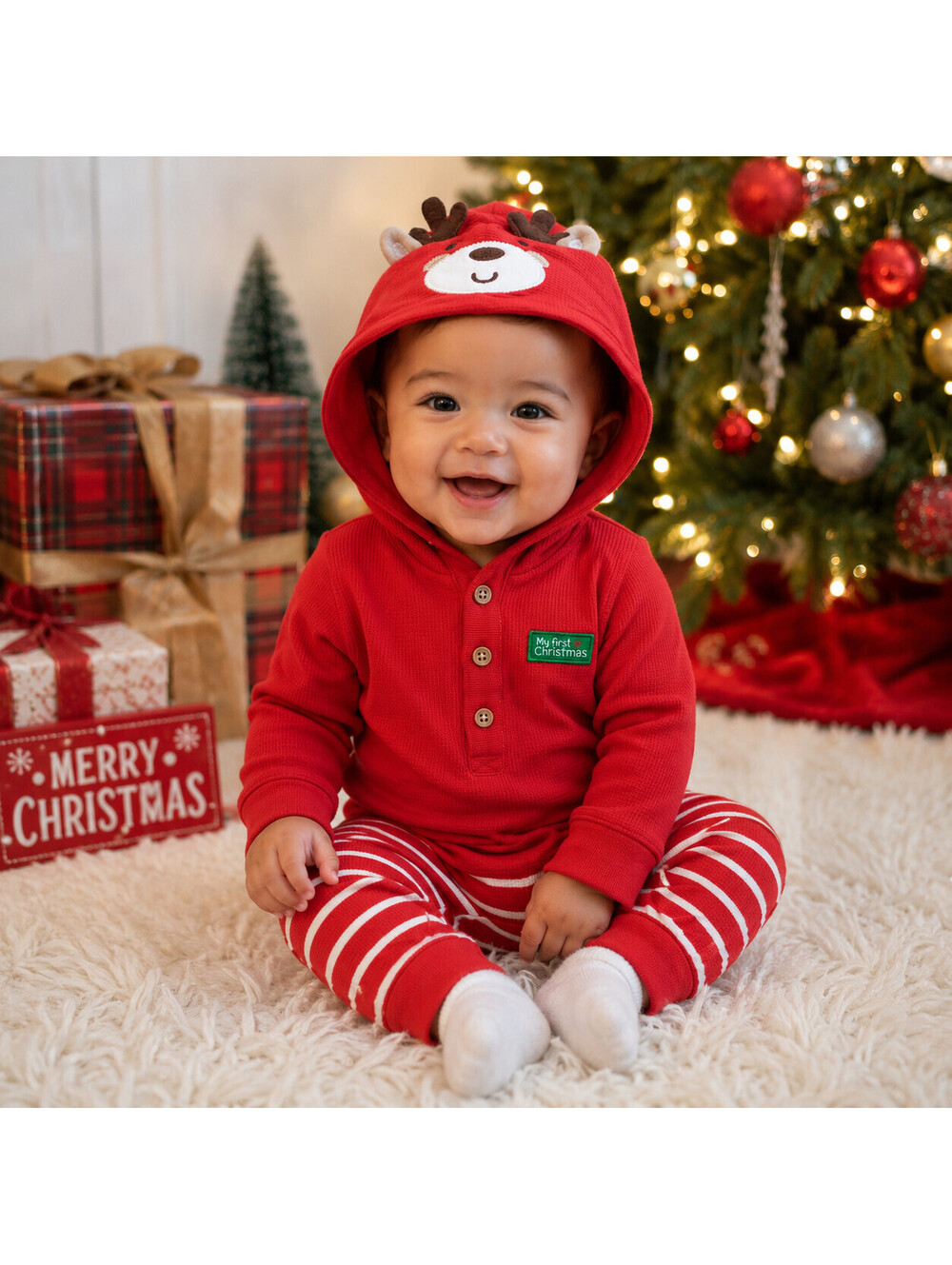 Little Me Boys "My First Christmas" Bodysuit/Pants Set Reindeer Hood 9 Months